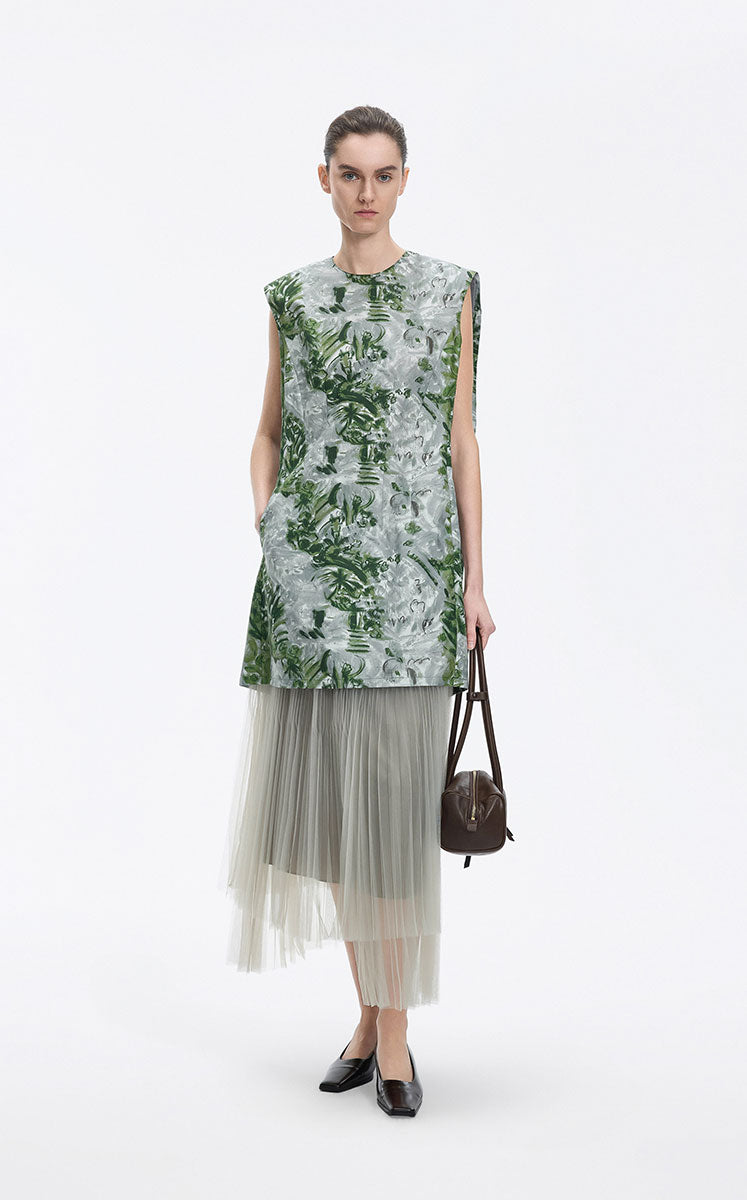 Dress / JNBY Cotton Silk Sleeveless Printed Dress Grey Green Assortment