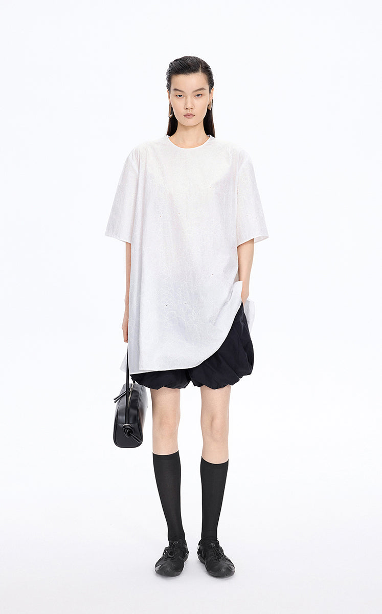 Dress / JNBY Floral Embroidered Cotton A-line Short Sleeve Dress Ecru