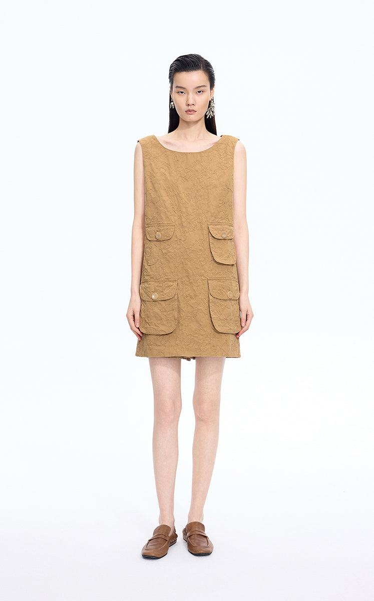 Dress / JNBY Hidden Floral Embroidered Cotton Sleeveless Dress Classic Khaki