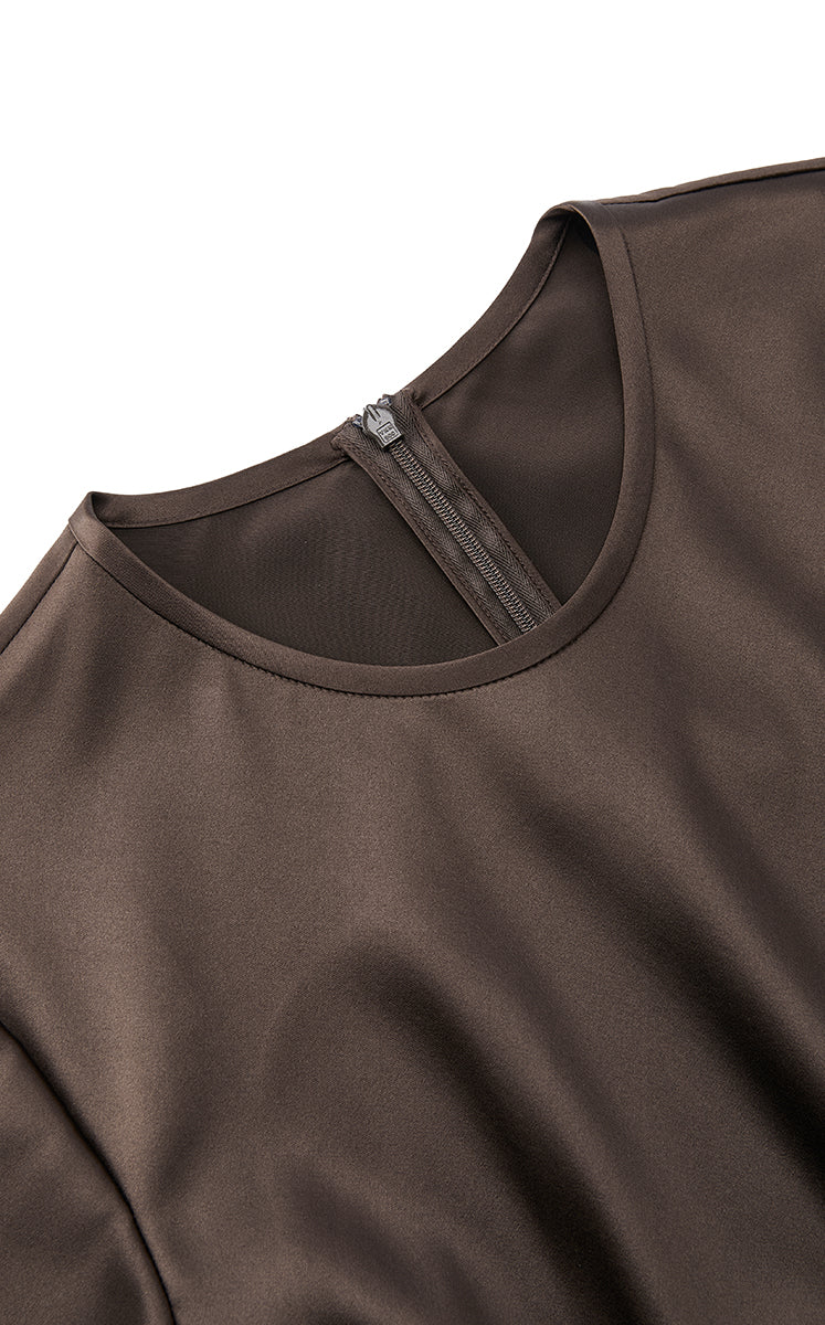 Dress / JNBY Silk Satin A-Line Short Sleeve Dress Dark Brown-1