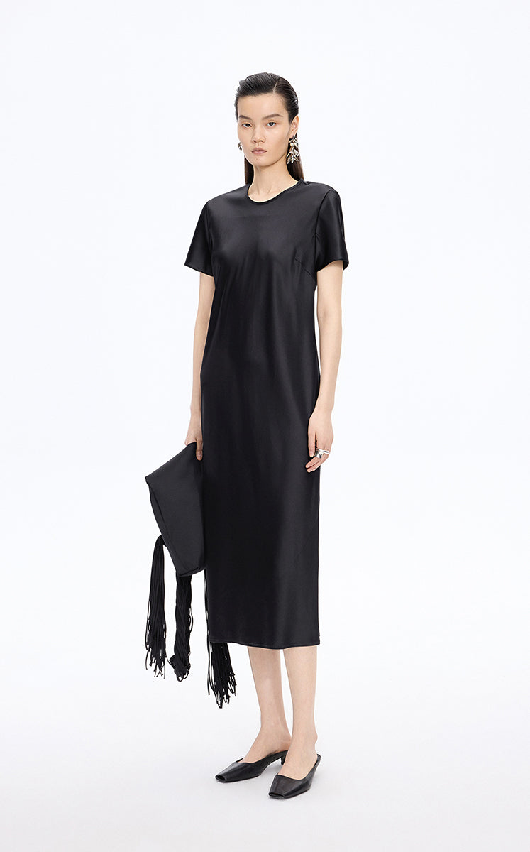 Dress / JNBY Silk Satin A-Line Short Sleeve Dress Black-2