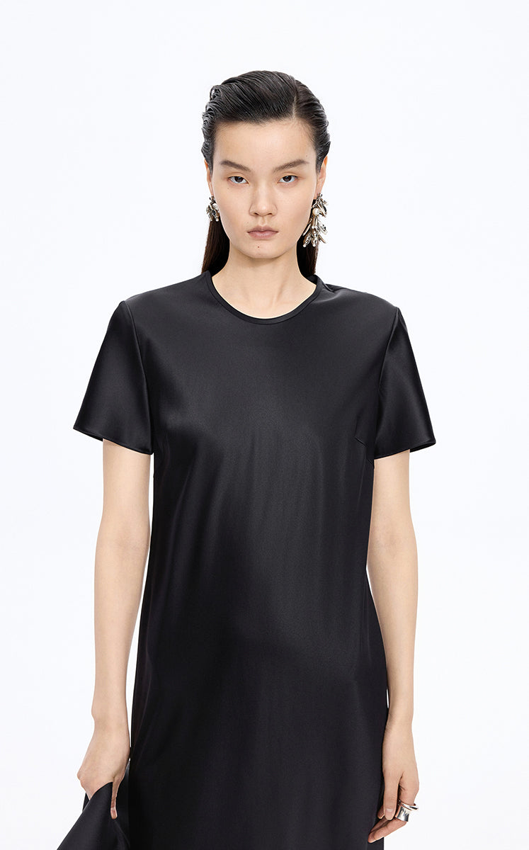 Dress / JNBY Silk Satin A-Line Short Sleeve Dress Black-2