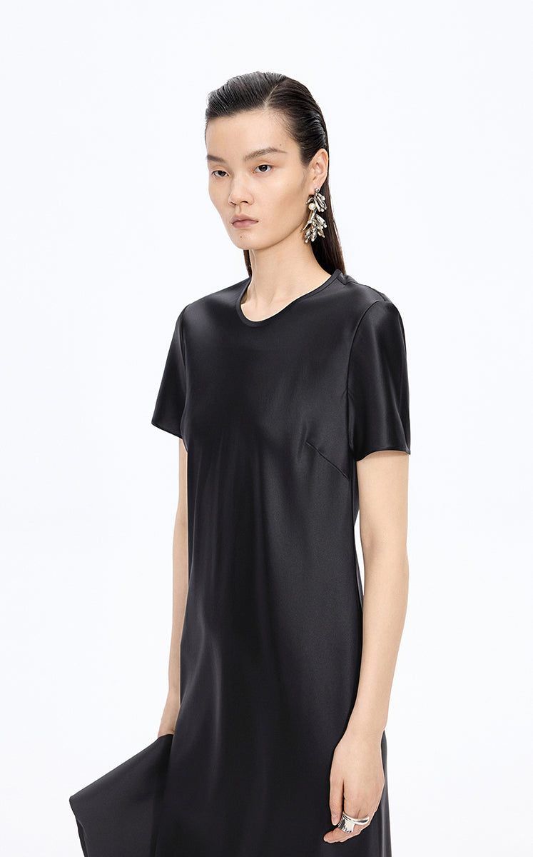 Dress / JNBY Silk Satin A-Line Short Sleeve Dress Black-2