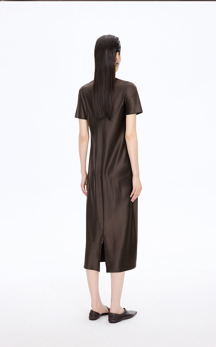 Dress / JNBY Silk Satin A-Line Short Sleeve Dress Dark Brown-1