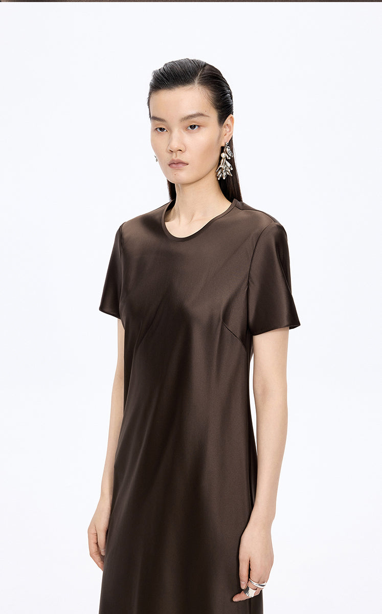 Dress / JNBY Silk Satin A-Line Short Sleeve Dress Dark Brown-1