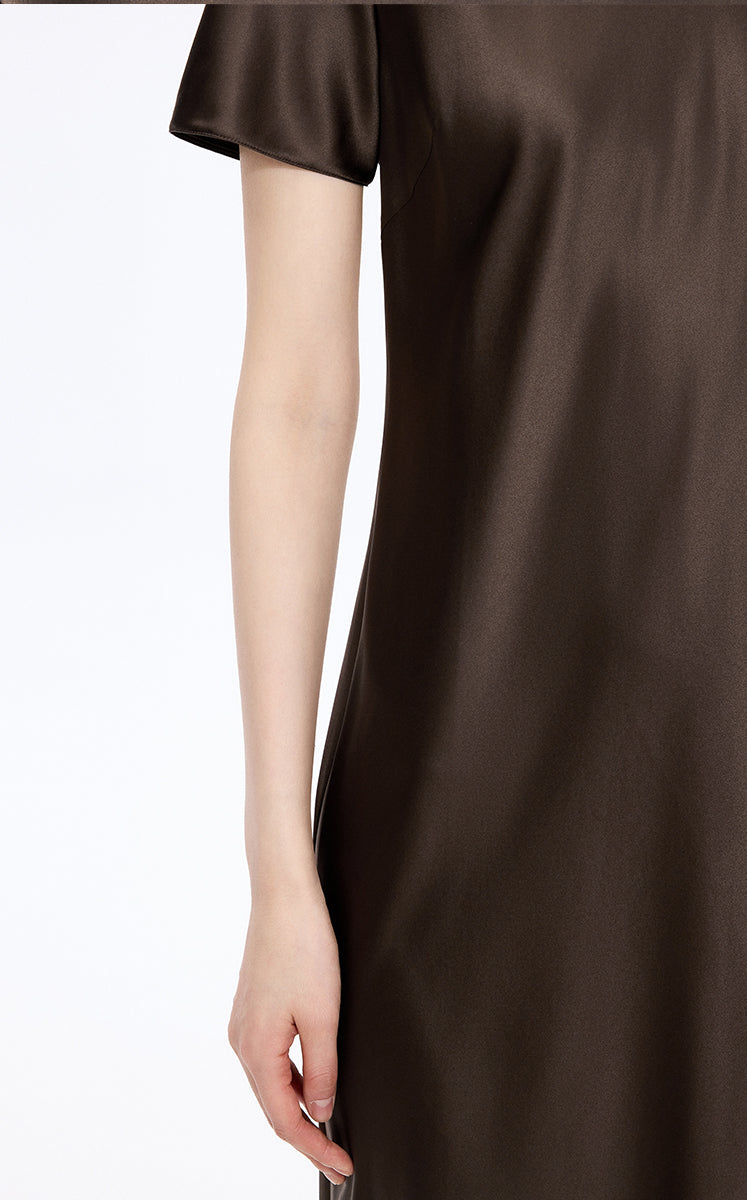Dress / JNBY Silk Satin A-Line Short Sleeve Dress Dark Brown-1