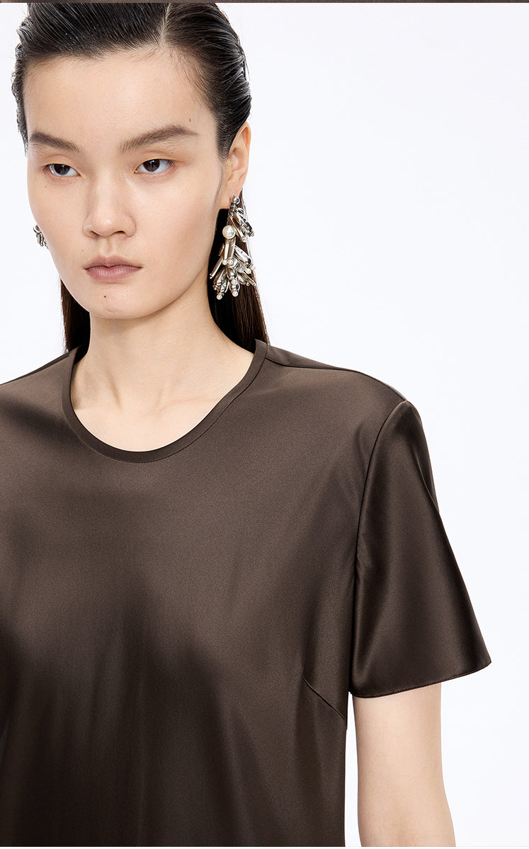Dress / JNBY Silk Satin A-Line Short Sleeve Dress Dark Brown-1