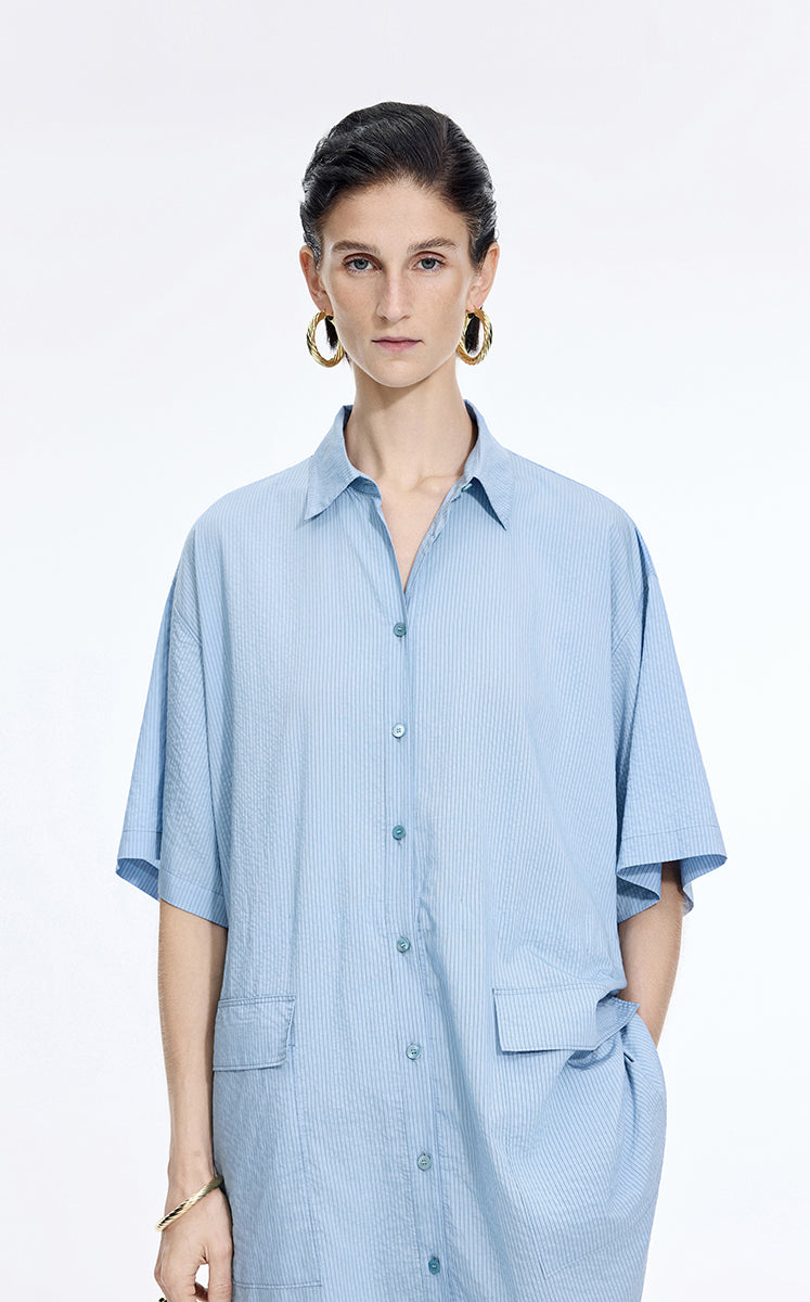 Dress / JNBY Textured Stripe Drawstring Shirt Dress Blue Black Stripe / Check-2