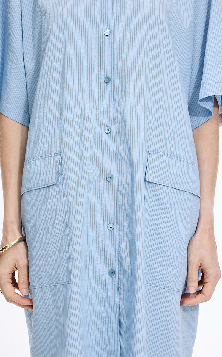 Dress / JNBY Textured Stripe Drawstring Shirt Dress Blue Black Stripe / Check-2