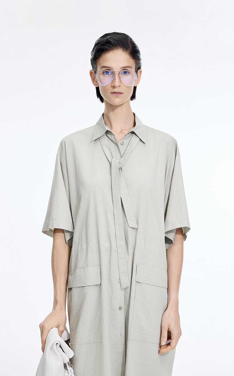 Dress / JNBY Textured Stripe Drawstring Shirt Dress Sage Green-1