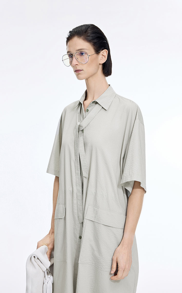 Dress / JNBY Textured Stripe Drawstring Shirt Dress Sage Green-1