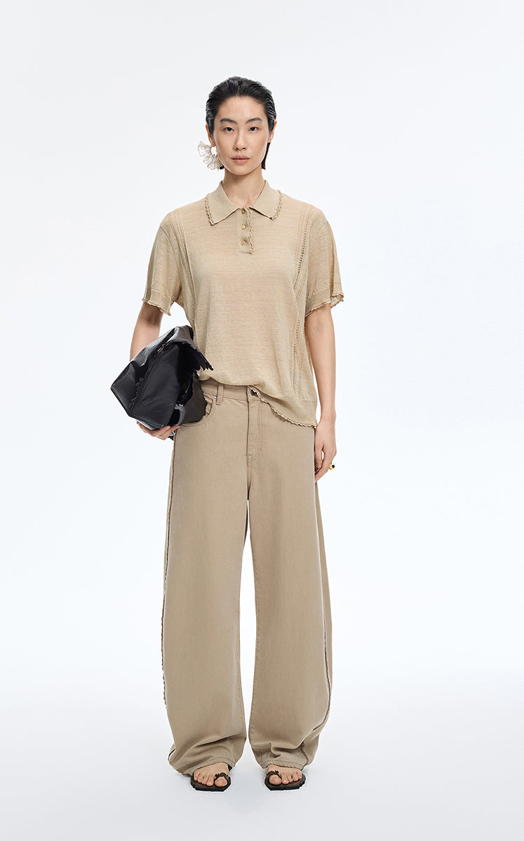 Knit Top / JNBY Linen Silk Polo Short Sleeve Sweater Light Khaki