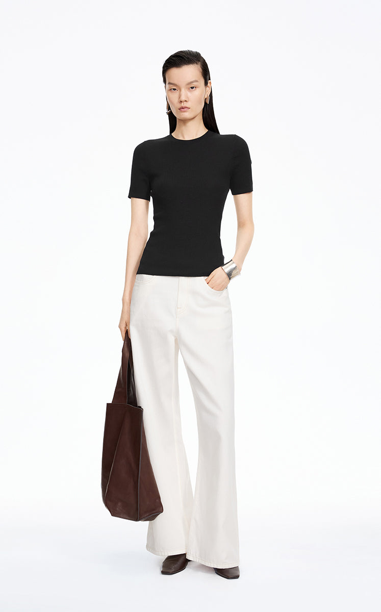 Knit Top / JNBY Silk Wool Cashmere Fitted Short Sleeve Sweater Black