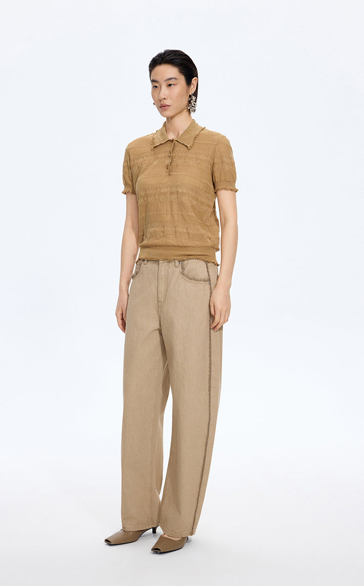 Knitwear / JNBY Textured Cotton Ruffle Knit Top Brown Khaki-2