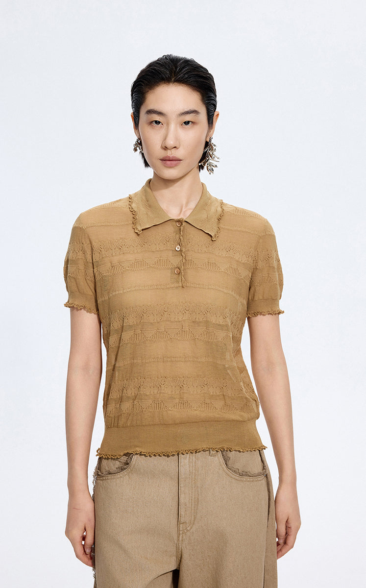 Knitwear / JNBY Textured Cotton Ruffle Knit Top Brown Khaki-2