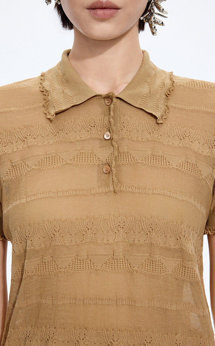 Knitwear / JNBY Textured Cotton Ruffle Knit Top Brown Khaki-2