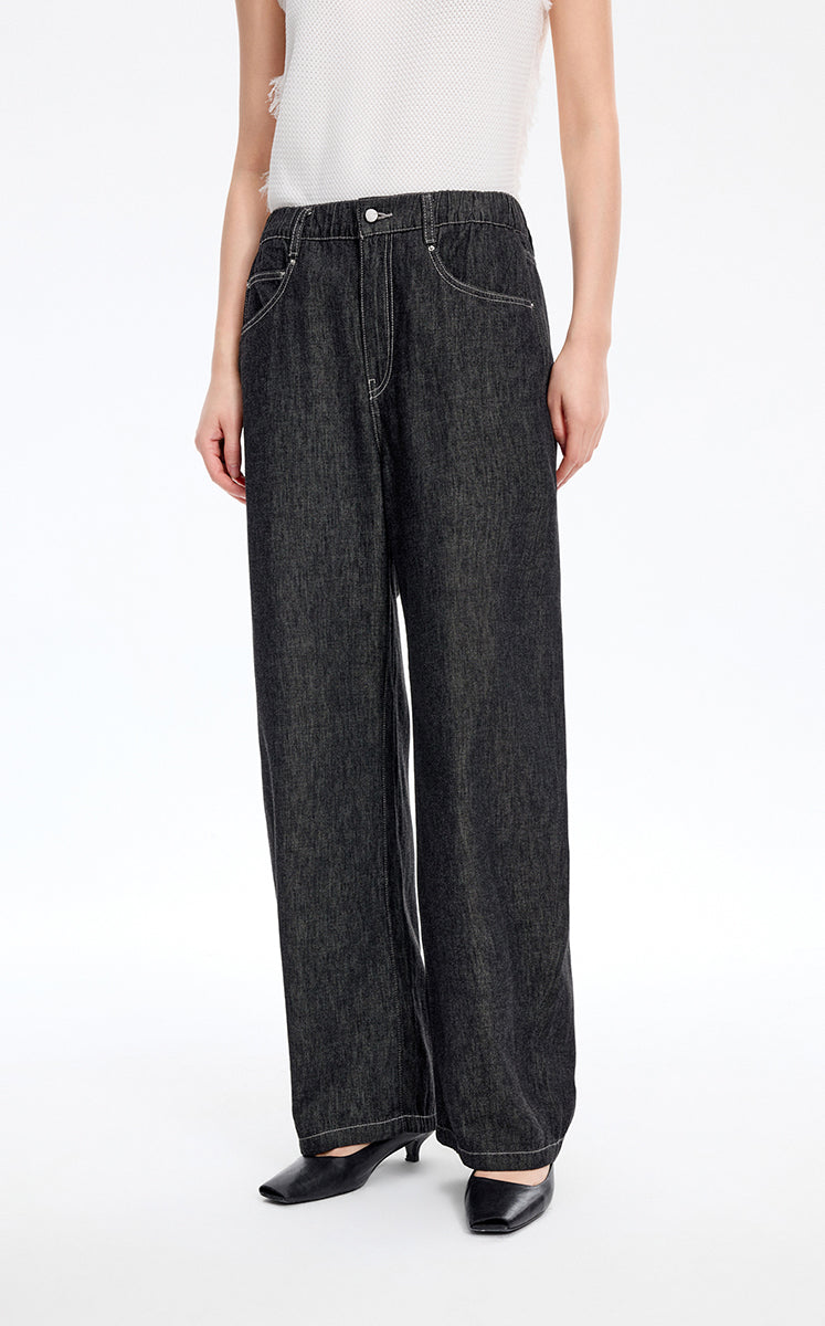 Pants / JNBY Relaxed Elastic Waist Banana Jeans Washed Black Denim