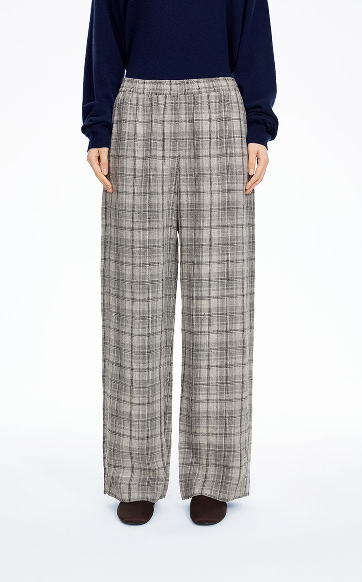 Pants / JNBY Relaxed Linen Plaid Straight Pants Grey