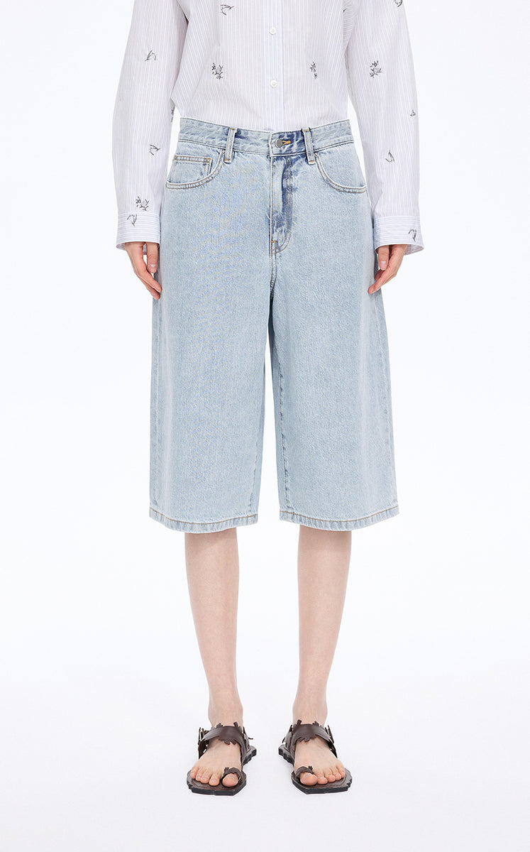 Pants / JNBY Washed Cropped Wide-Leg Denim Pants Light Denim Blue