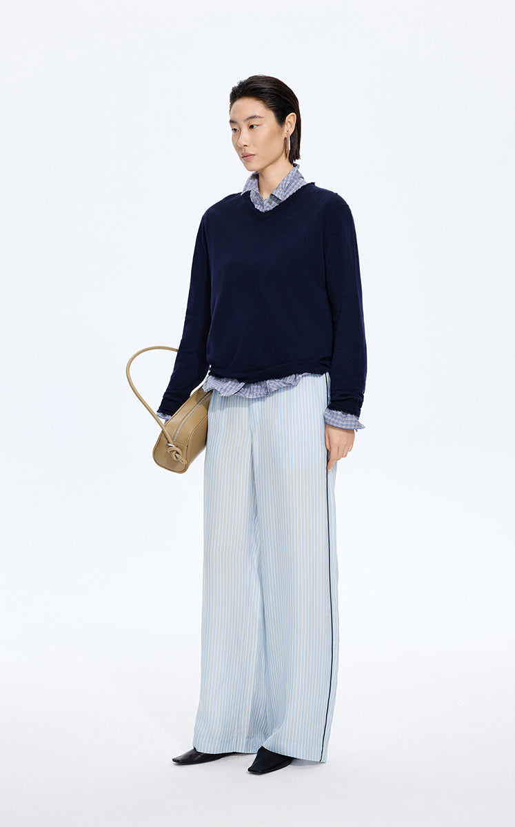 Pants / JNBY Cupro Straight-Leg Extra-Long Pants Blue & White Check-1