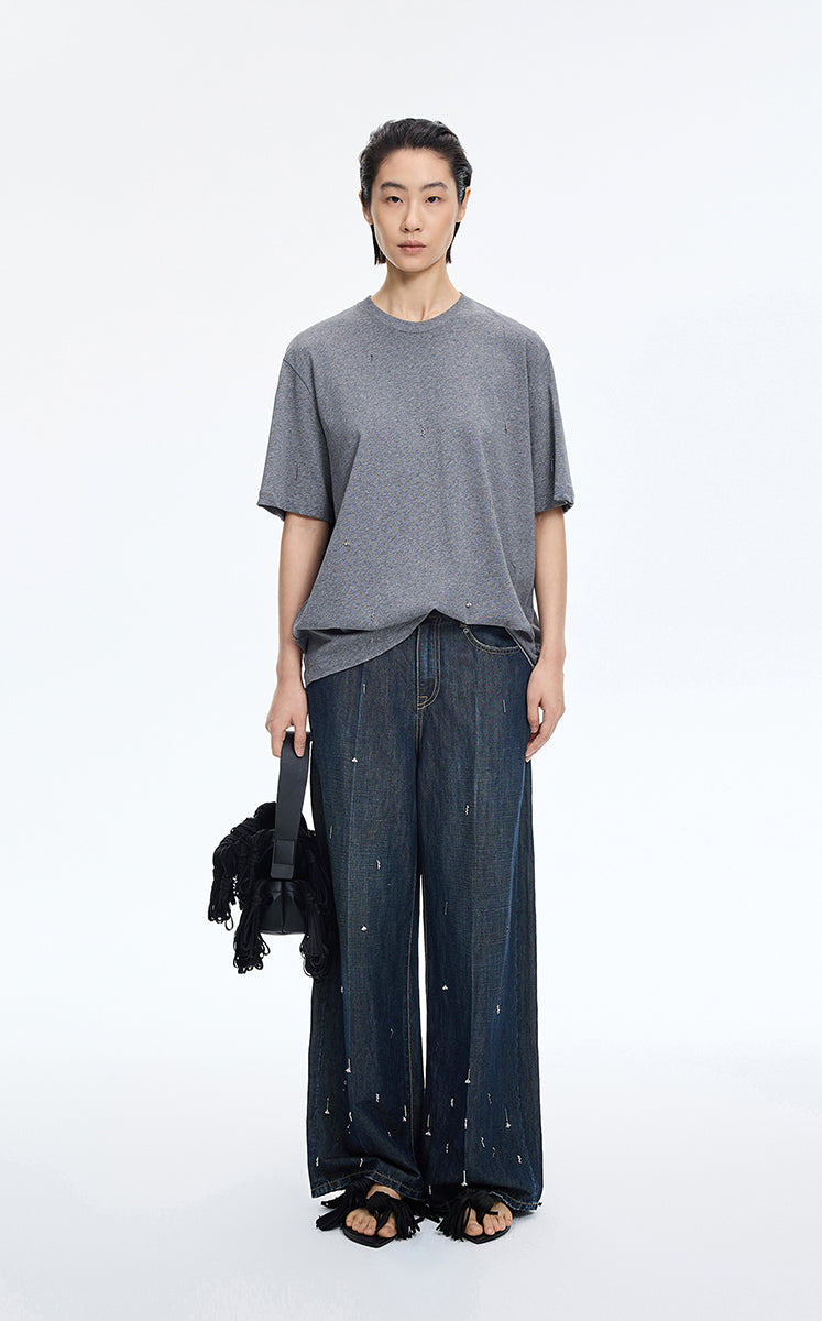 Pants / JNBY Embellished Wide-Leg Denim Jeans Dark Denim-1