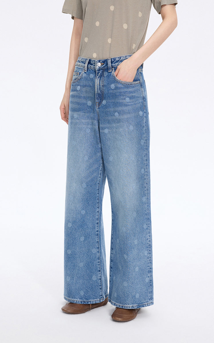 Pants / JNBY Polka-Dot Distressed Wide-Leg Jeans Washed Denim Blue-2