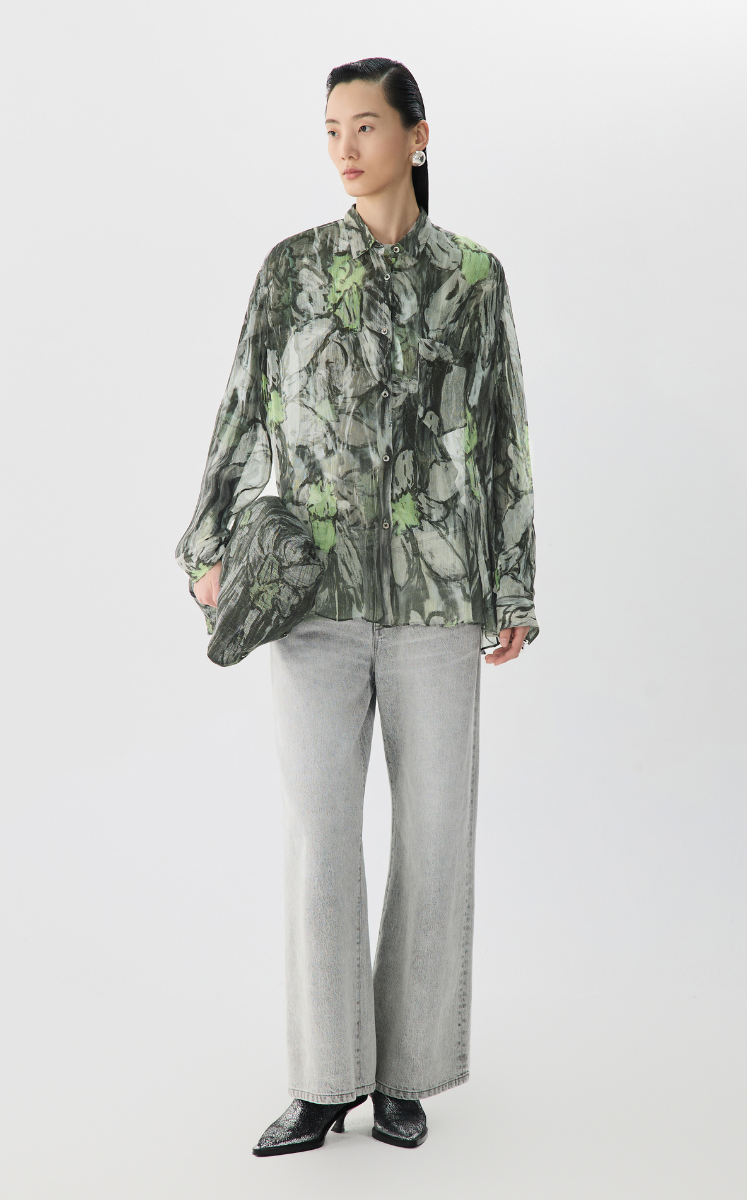 Shirt / JNBY Hand-Painted Floral Silk Shirt Grey Green