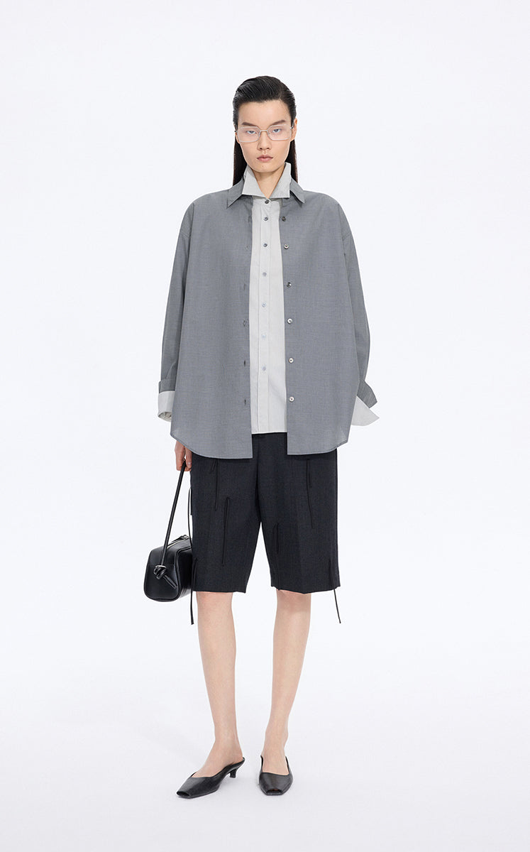 Shirt / JNBY Italian Jacquard Cotton Oversized Shirt Black & White Stripe Check