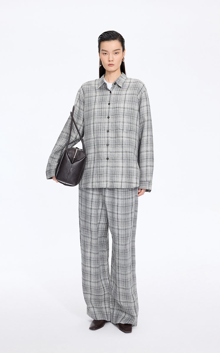Shirt / JNBY Relaxed Linen Plaid Shirt Grey
