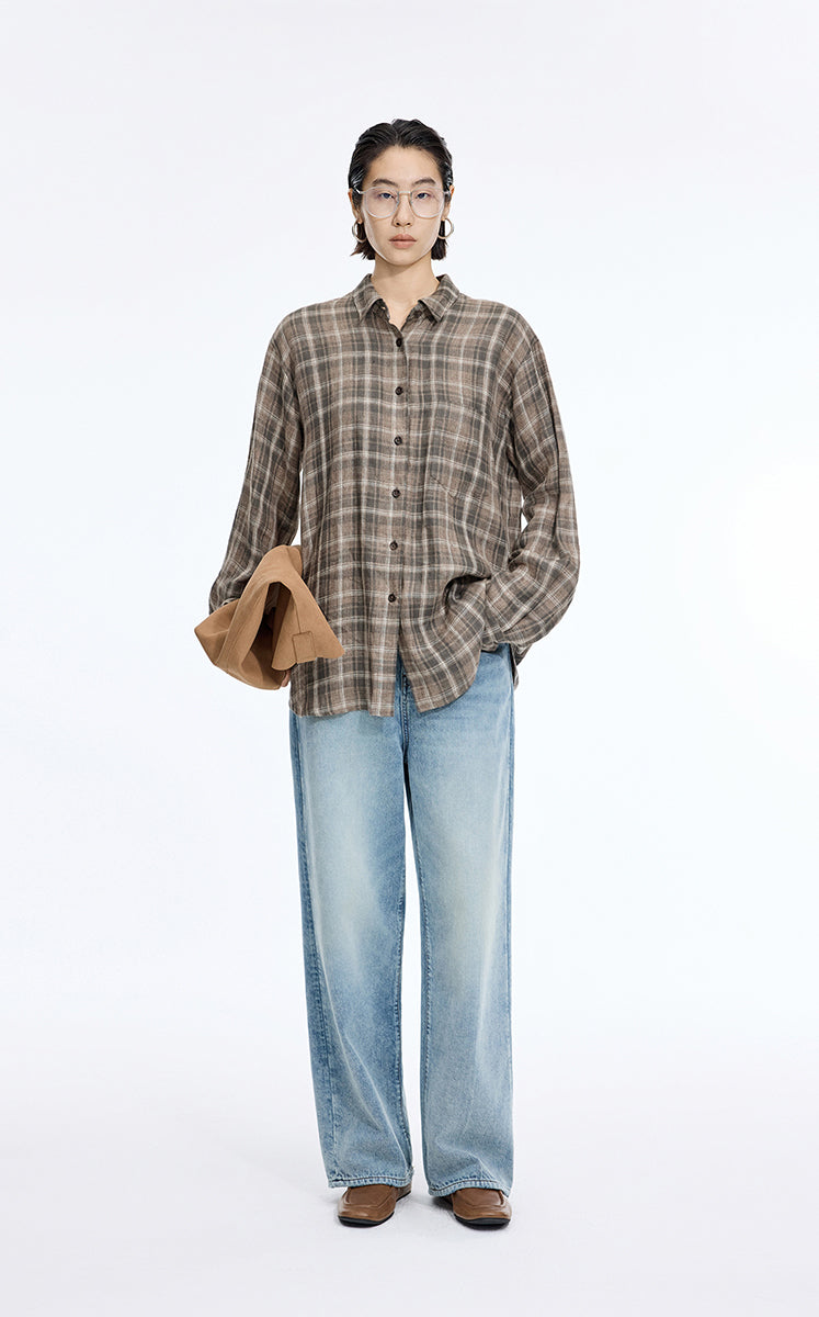 Shirt / JNBY Relaxed Linen Plaid Shirt Olive Brown