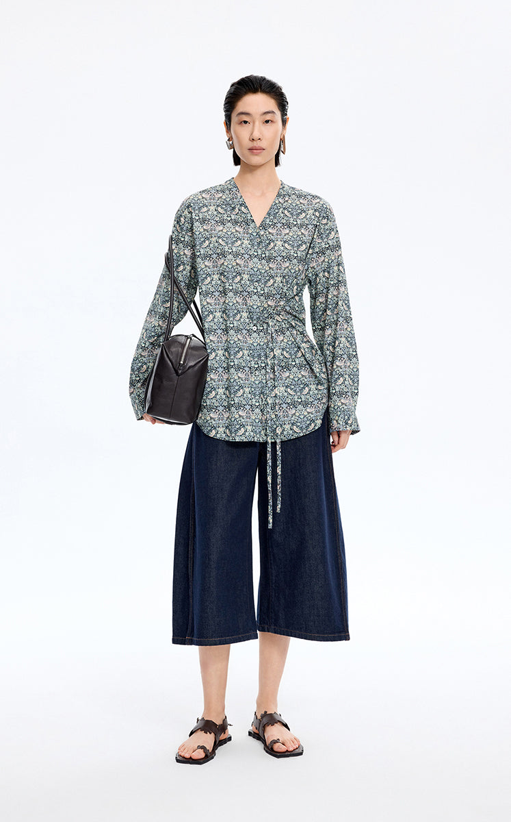 Shirt / JNBY V-neck Liberty Bird Print Cotton Shirt Navy