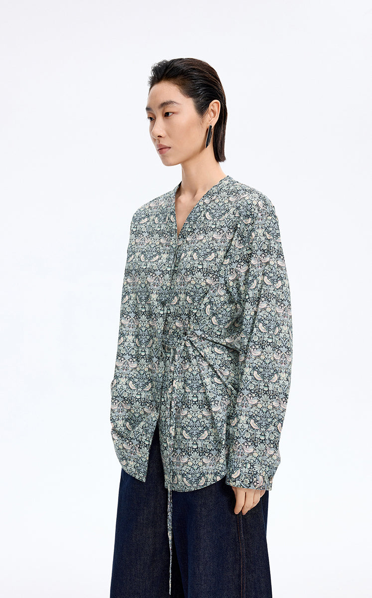 Shirt / JNBY V-neck Liberty Bird Print Cotton Shirt