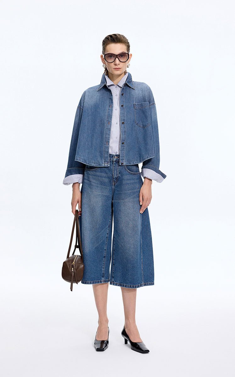 Shirt / JNBY Oversized Cotton Denim Long Sleeve Shirt Denim Blue