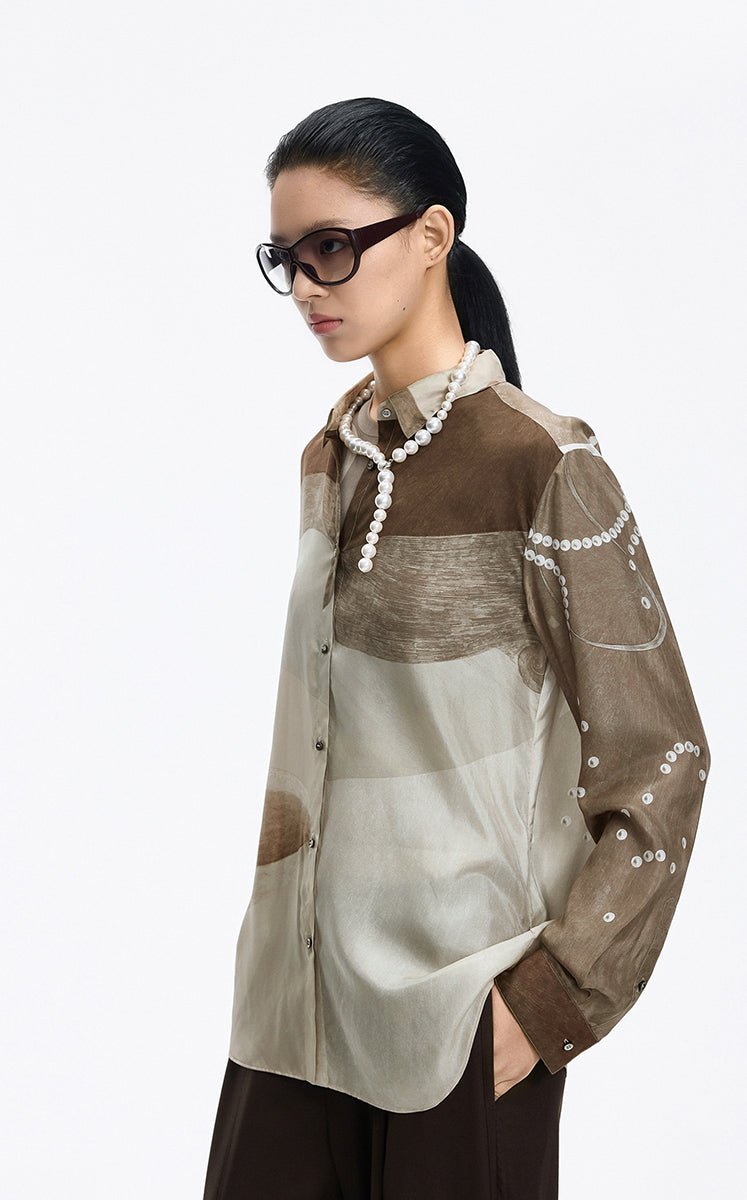 Shirt / JNBY Silk Pearl Print Relaxed Long Sleeve Shirt