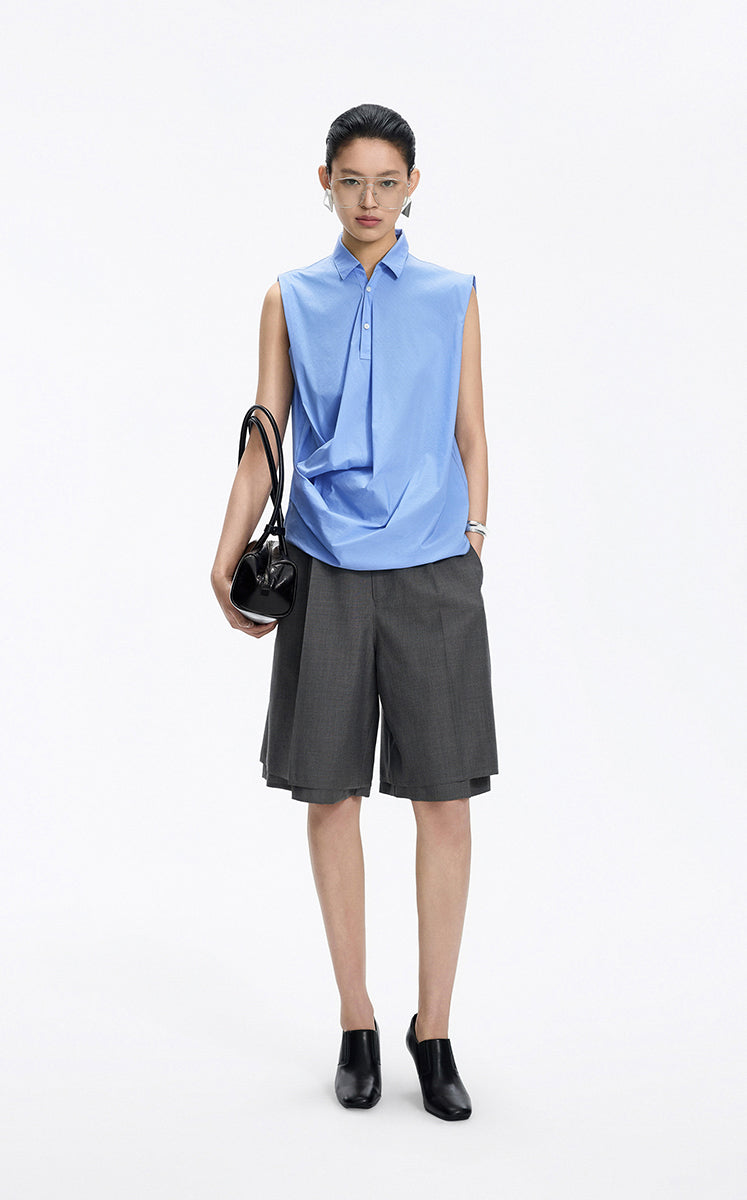Shirt / JNBY Structured Sleeveless Cotton Pleated Shirt Blue White Stripe