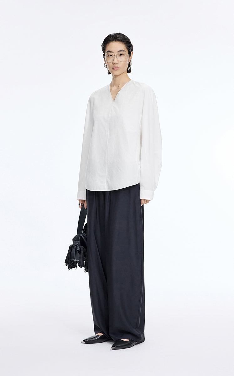 Shirt / JNBY Cotton Silk V-Neck Long Sleeve Top Off White-1