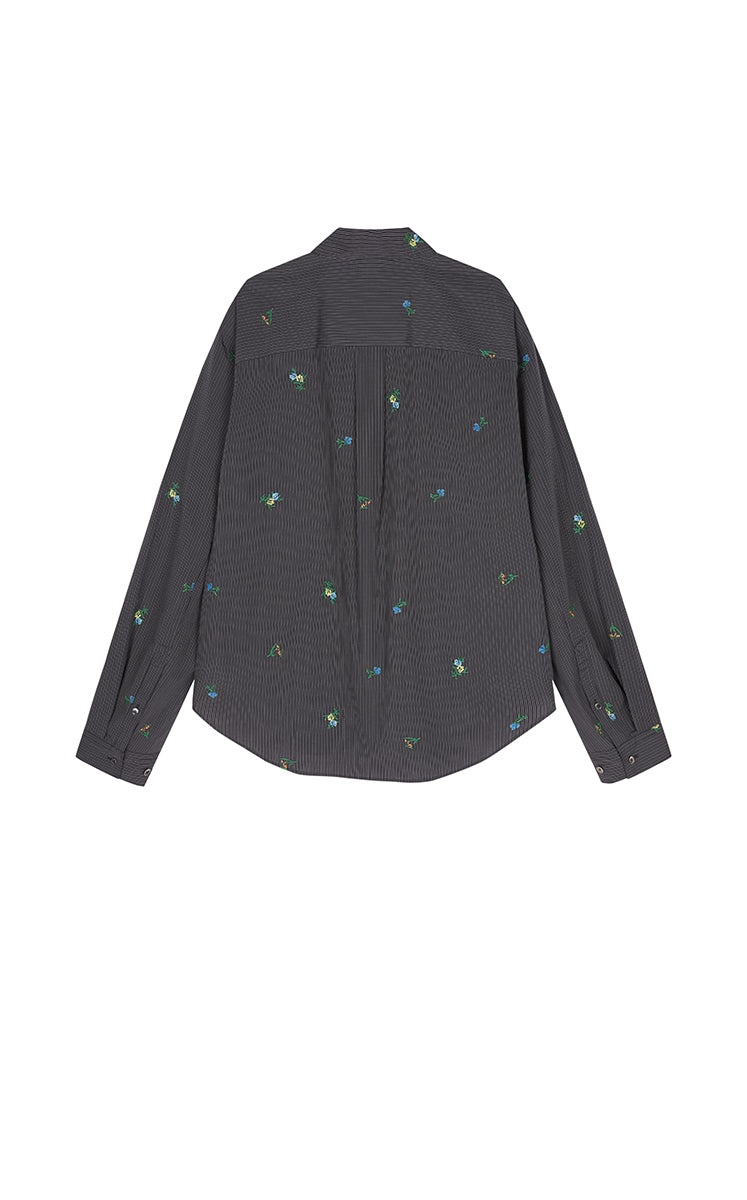 Shirt / JNBY Embroidered Floral Stripe Oversized Shirt Grey Marl-2