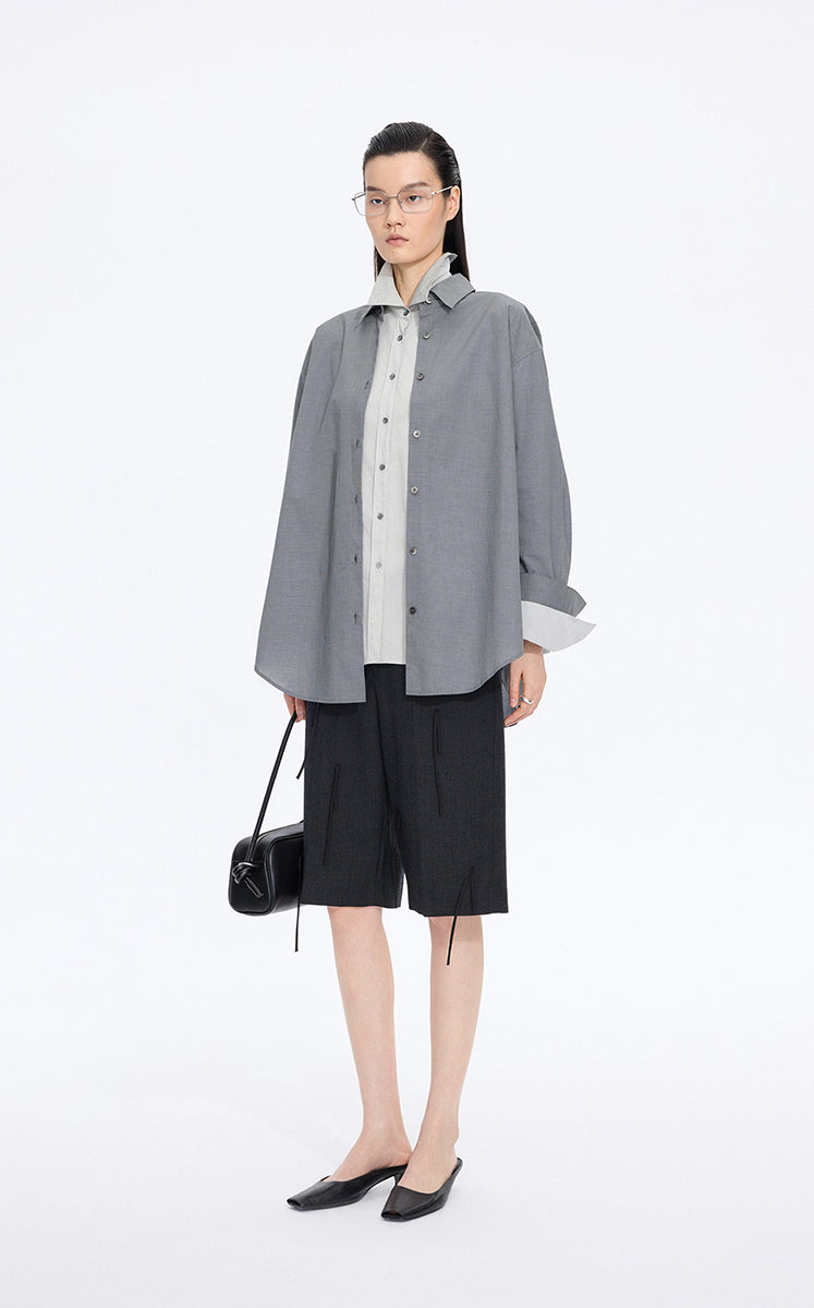 Shirt / JNBY Italian Jacquard Cotton Oversized Shirt Black & White Stripe / Check-1