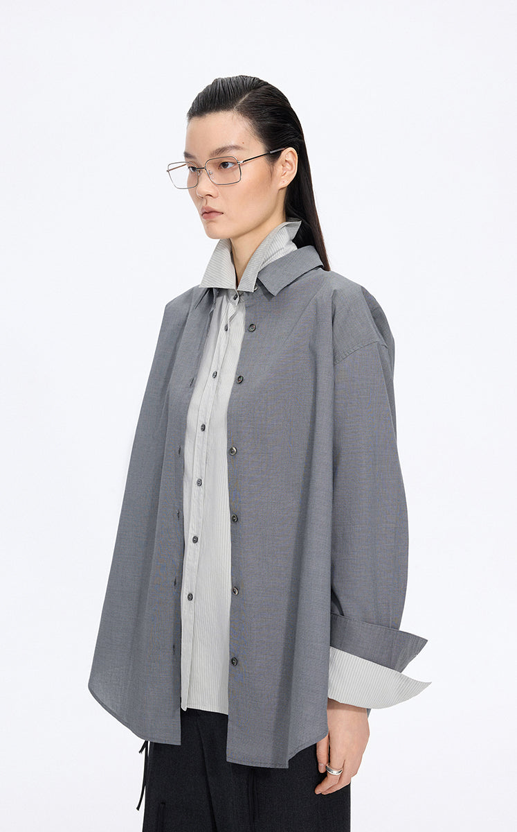 Shirt / JNBY Italian Jacquard Cotton Oversized Shirt Black & White Stripe / Check-1