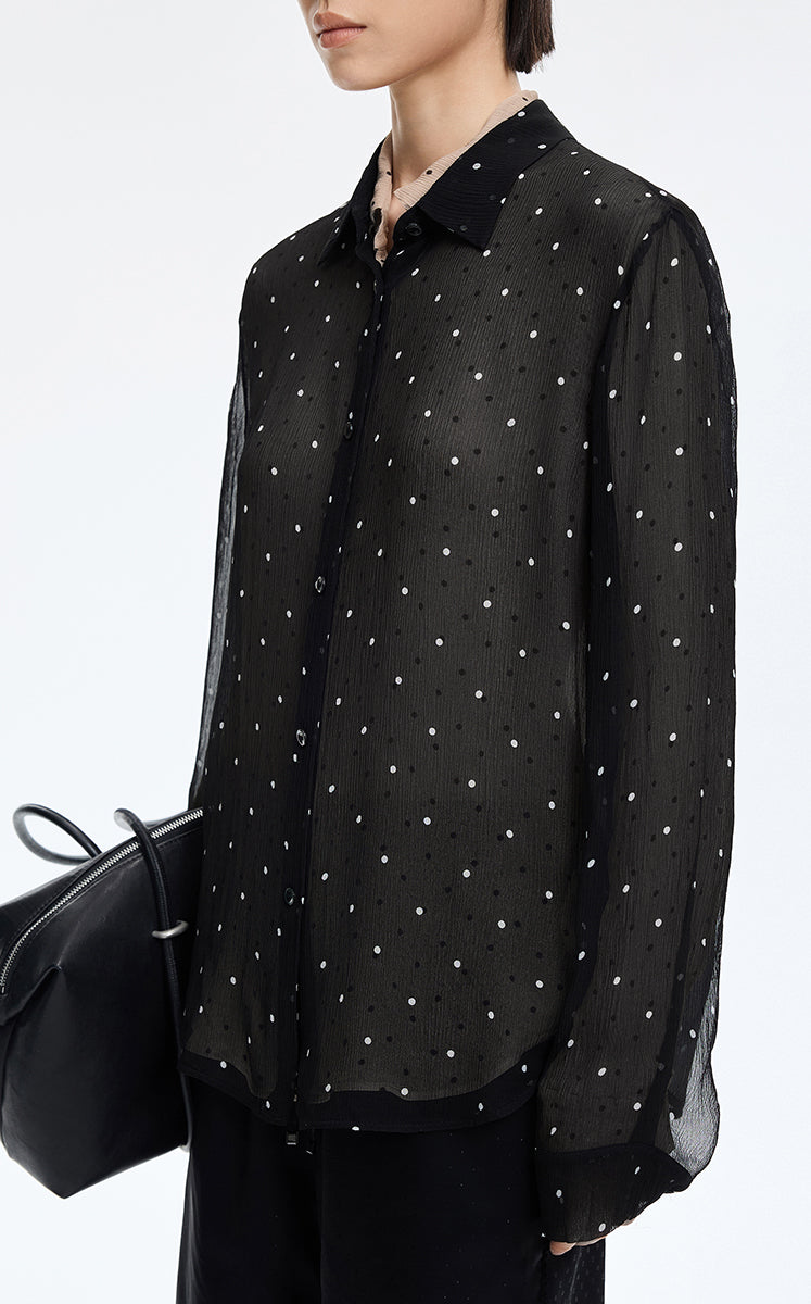 Shirt / JNBY Silk Polka Dot Relaxed Long Shirt Black-2