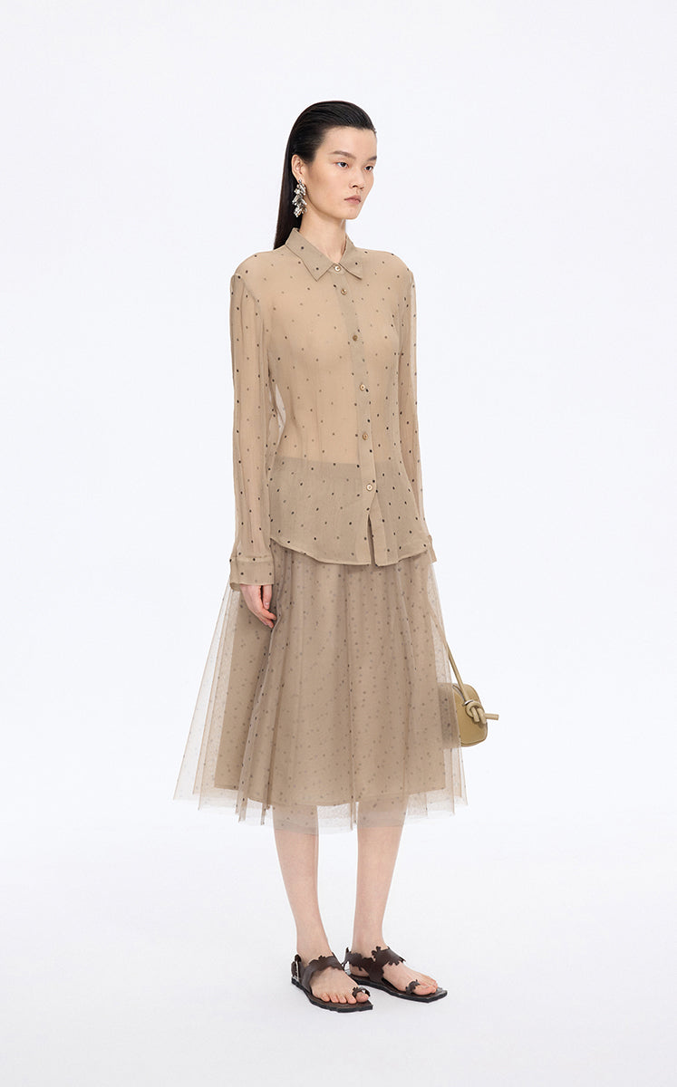 Shirt / JNBY Silk Polka Dot Relaxed Long Shirt Dark Khaki-3