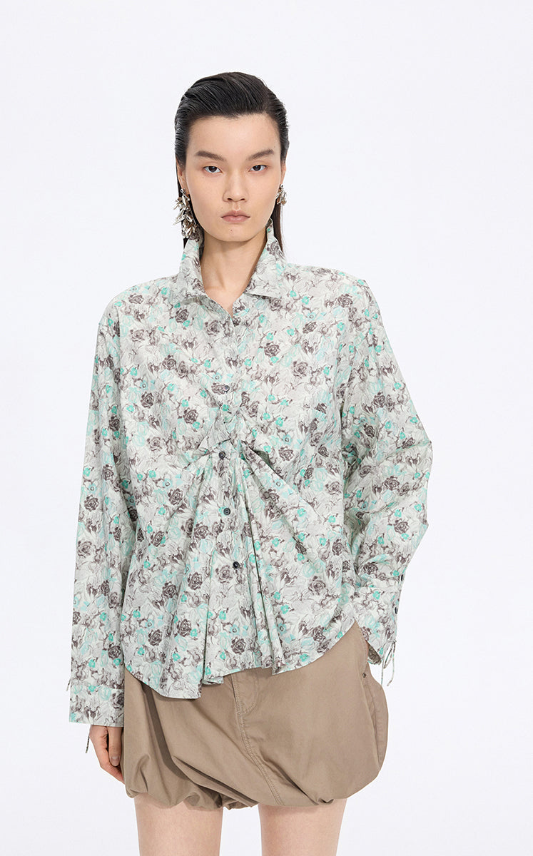 Shirt / JNBY Watercolor Tulip Oversized Cotton Shirt Olive Brown-2