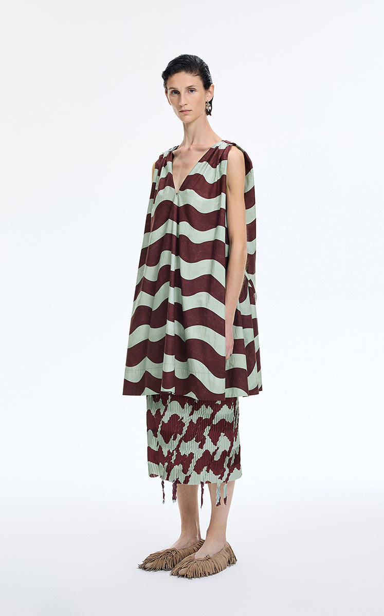 Skirt / JNBY Deformed Stripe Pleated Midi Skirt Olive Brown