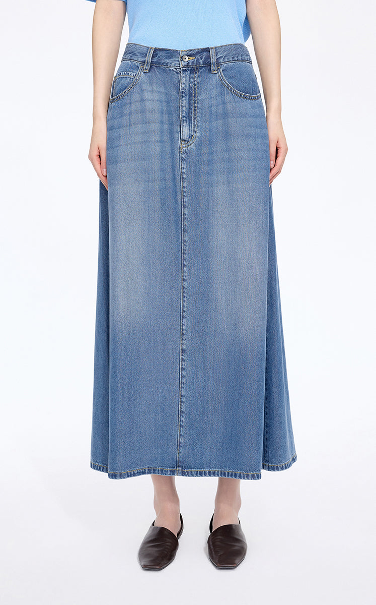 Skirt / JNBY Lyocell A-Line Long Skirt Washed Denim Blue