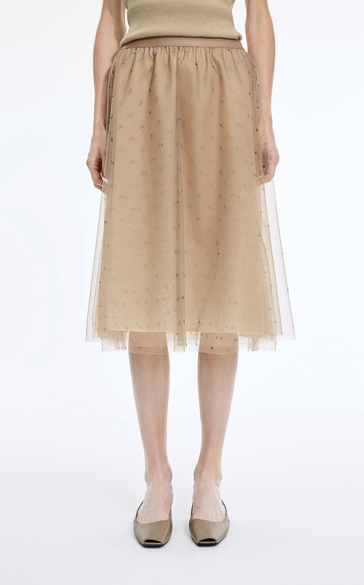 Skirt / JNBY Polka Dot Mesh A-Line Midi Skirt Khaki