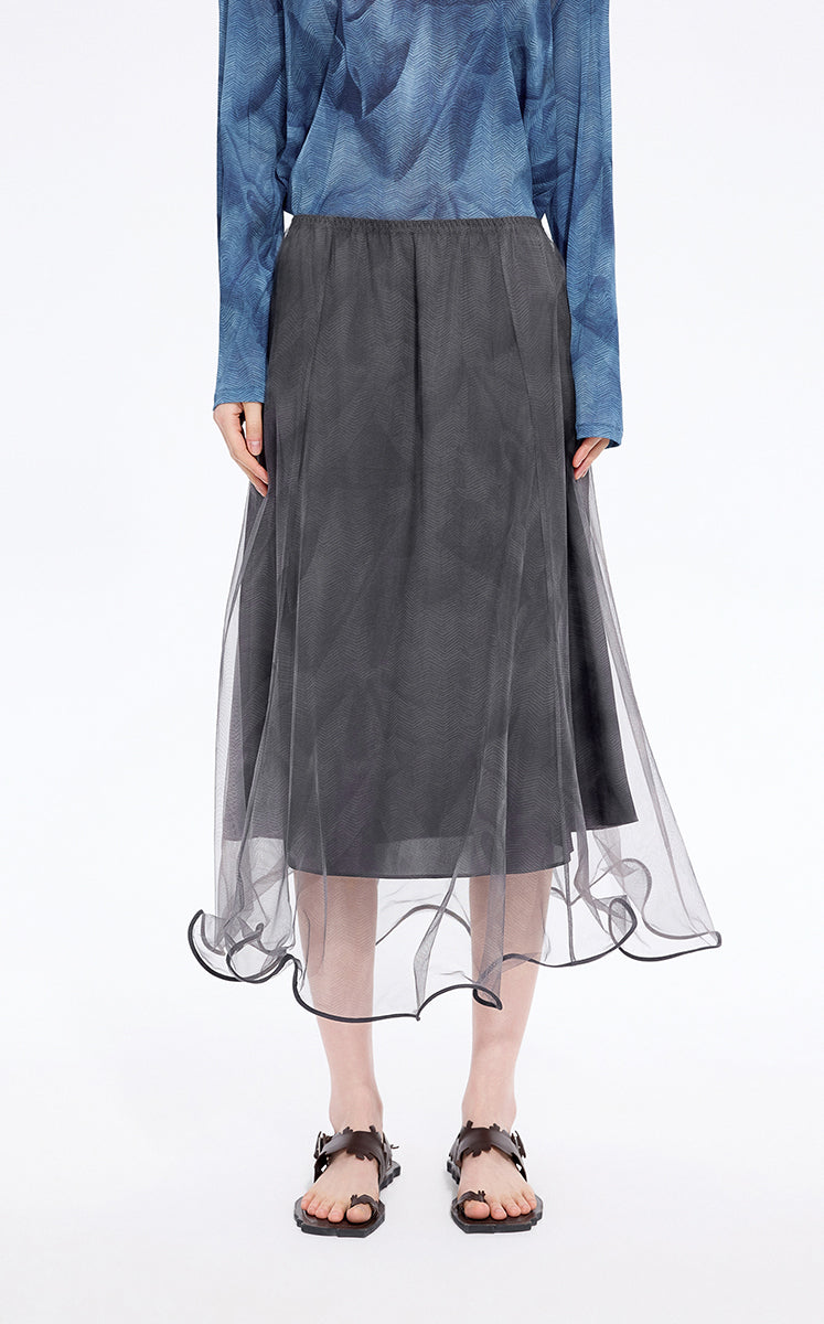 Skirt / JNBY Printed A-Line Ruffled Hem Skirt Black Grey