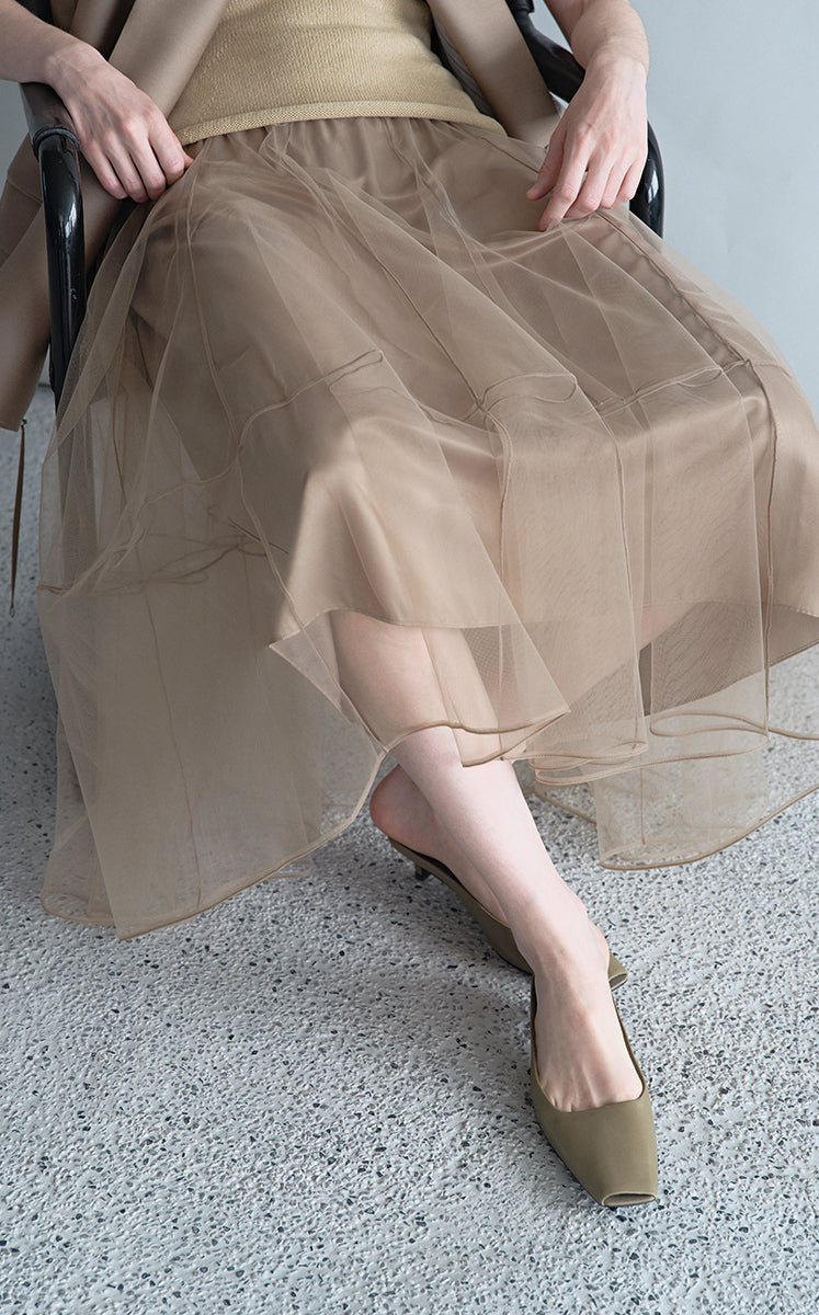 Skirt / JNBY Sheer A-Line Midi Tulle Skirt Taupe