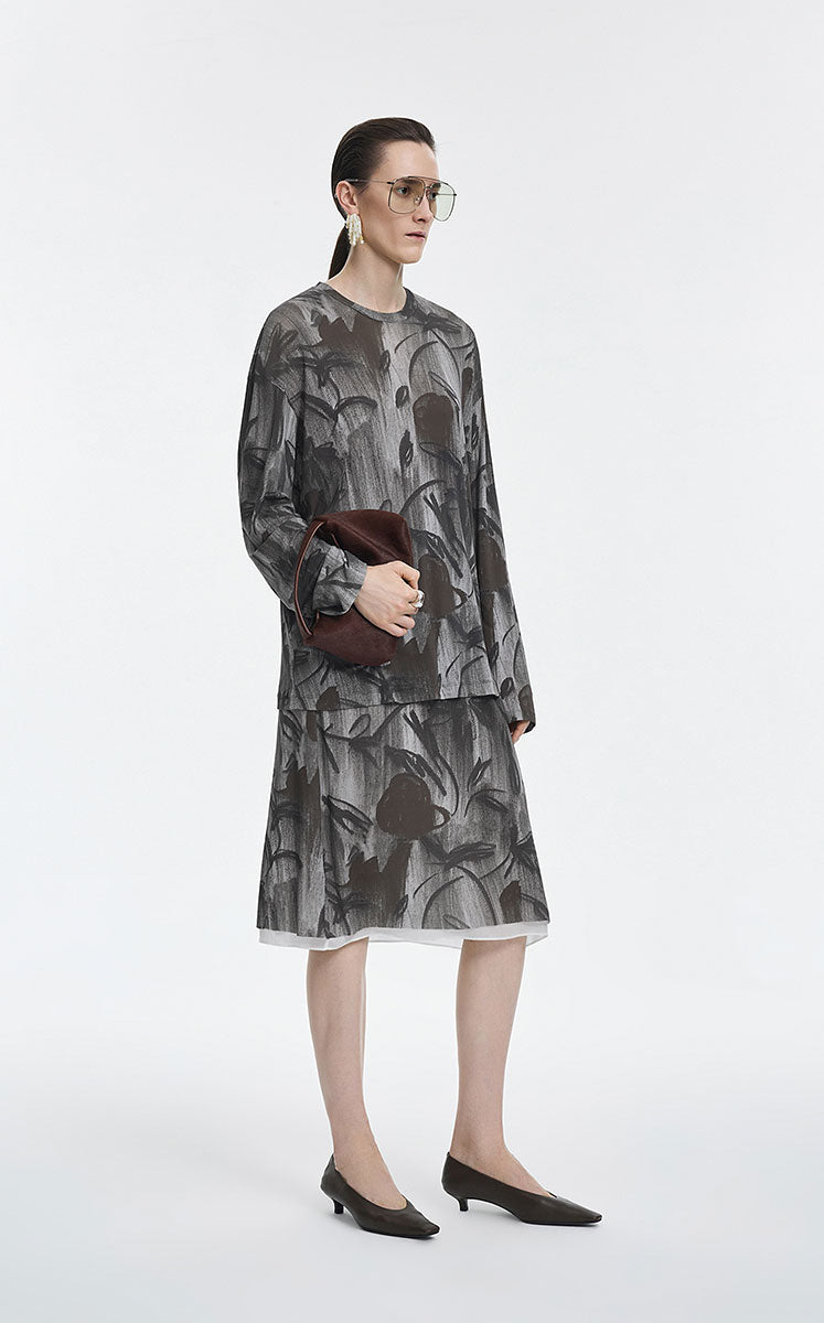 Skirt / JNBY Nylon Midi Skirt with Rose Shadow Print