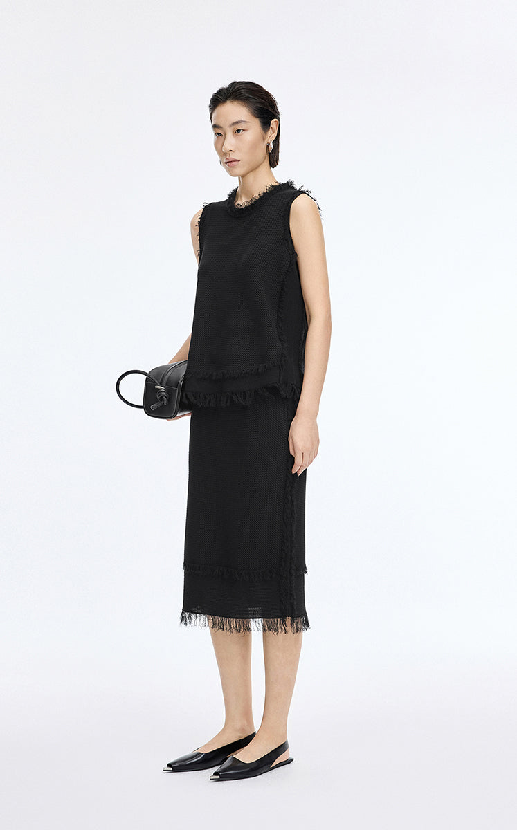 Skirt / JNBY Cotton Knit Fringe Midi Skirt Black-3