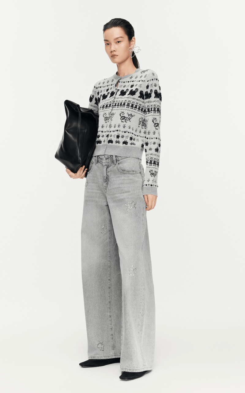 Sweater / JNBY Intarsia-Knitted Crew-Neck Cardigan Rice Black Dual-Tone